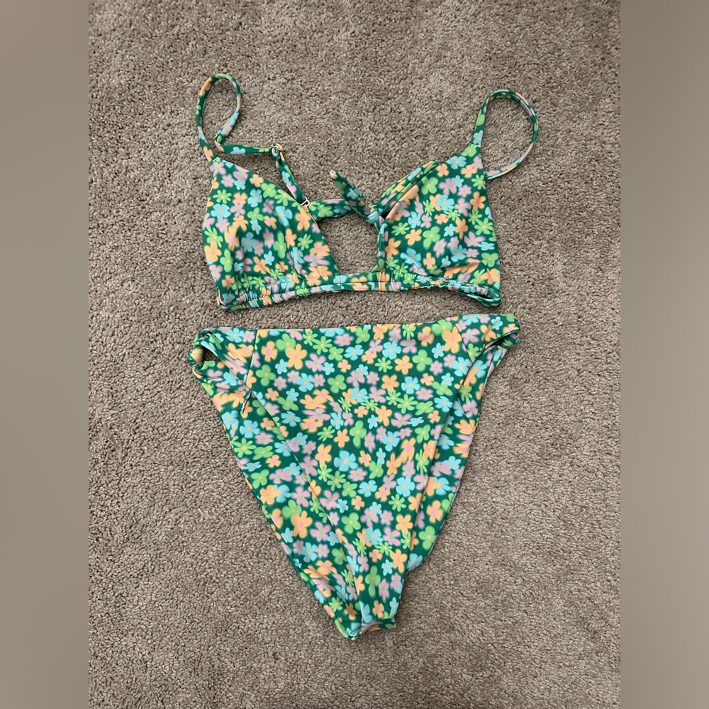 Skatie Green Floral Bikini with Yellow & Pink Flowers